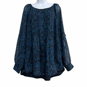 Grace Elements Black Teal Blouse Tunic Size XXL Button Down Pintuck Pockets